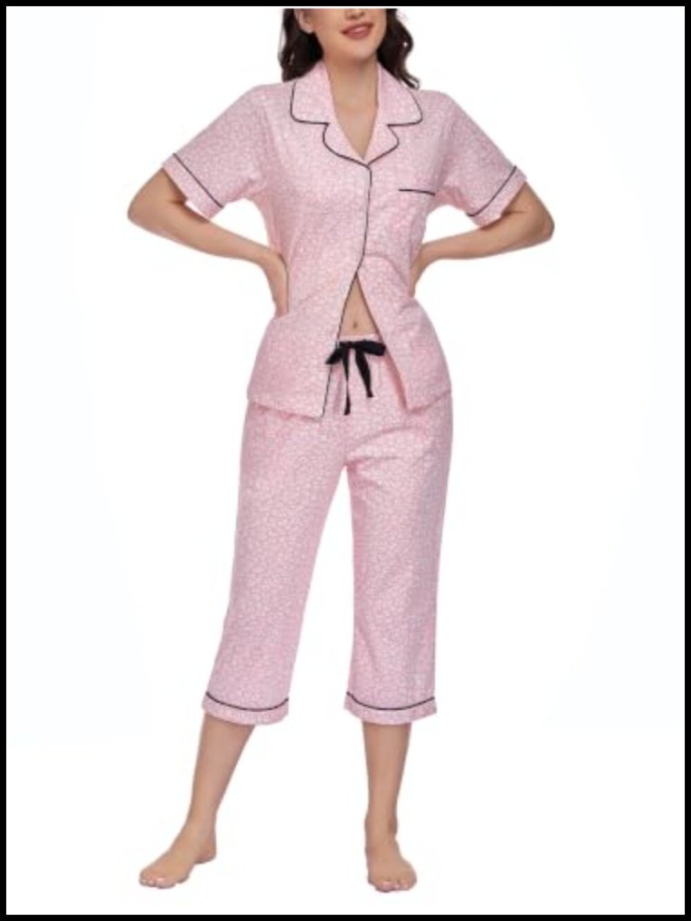 Women's 100% Cotton Pajama Set Button Down Short Sleeve Capri Pants